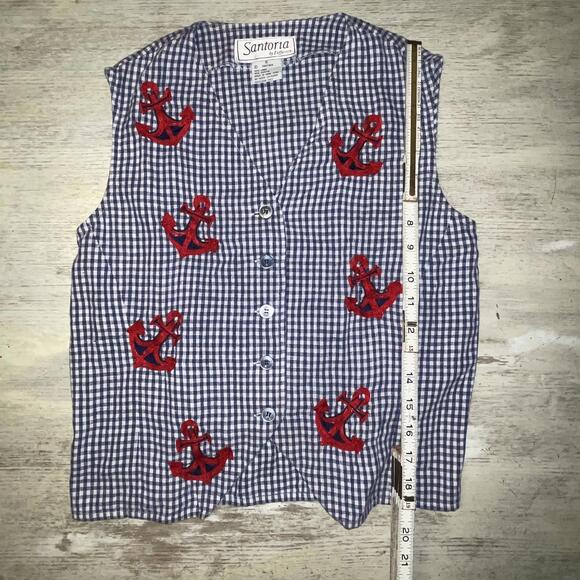 EUC Vintage 90s Santoria Blue Gingham Anchor Embroidered Cotton Linen Vest Small - Picture 4 of 5